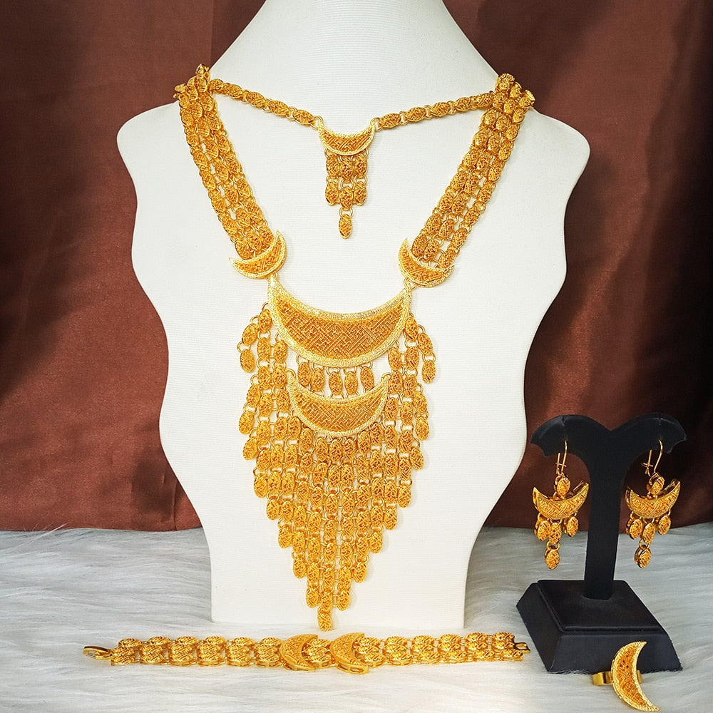 Dubai 24k Gold Big  Women Wedding Long Necklace Ethiopian Set