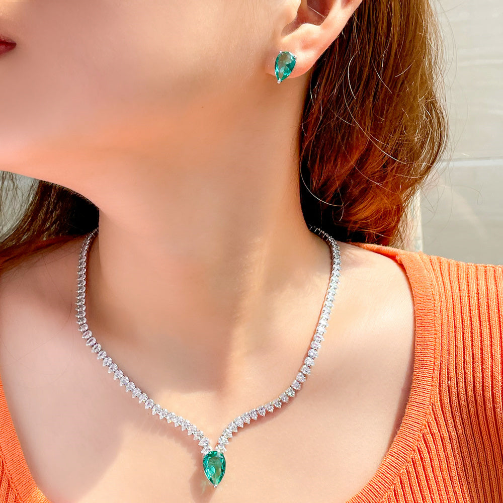 Zircons Elegant Big Light Green Water Drop CZ Crystal  Jewelry Sets