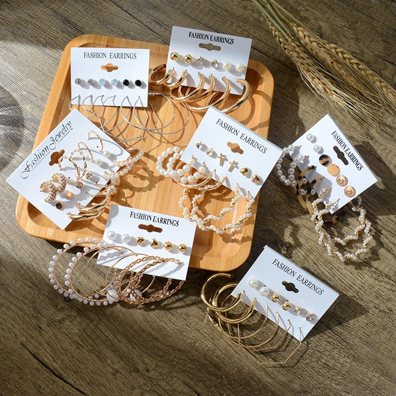 6/9 Pairs Big Hoop Pearl Earring Set