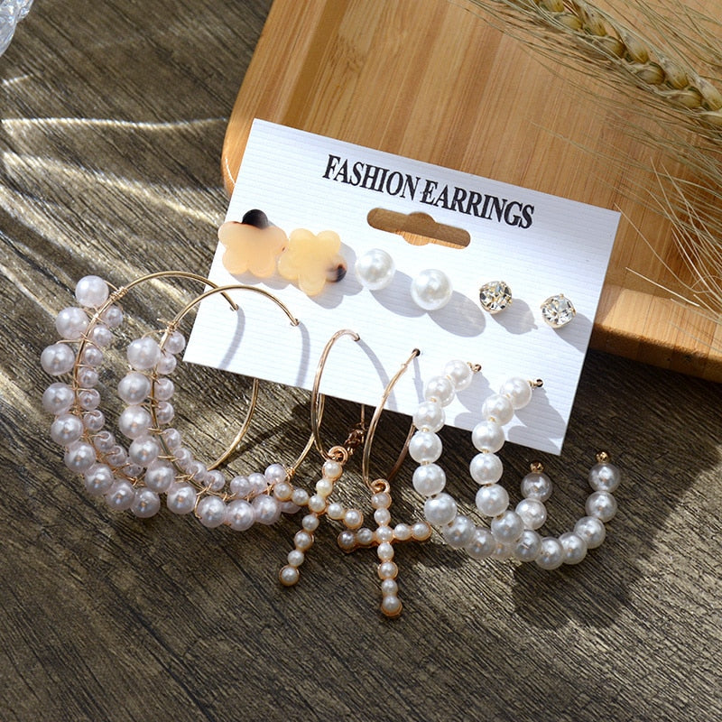 6/9 Pairs Big Hoop Pearl Earring Set