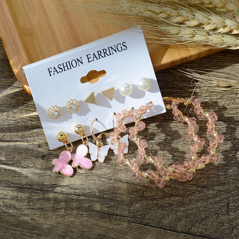 6/9 Pairs Big Hoop Pearl Earring Set