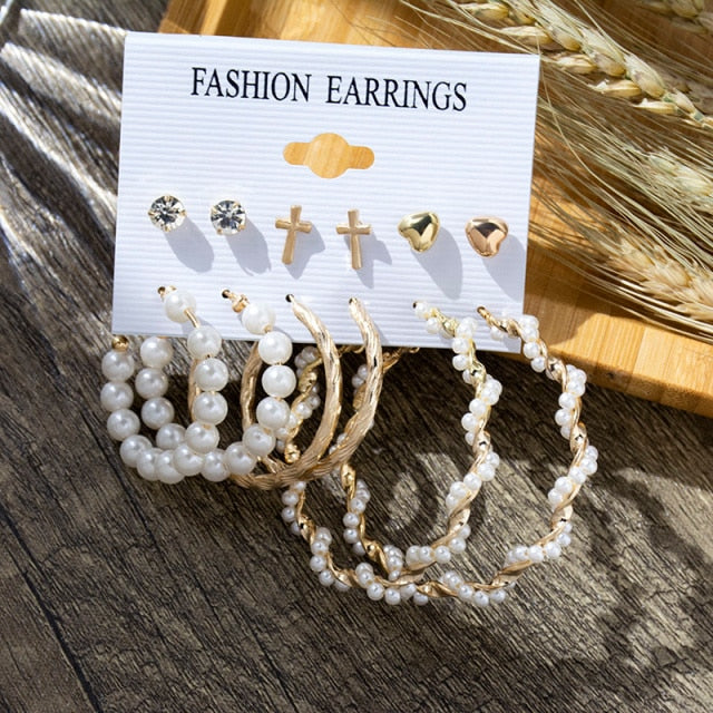 6/9 Pairs Big Hoop Pearl Earring Set