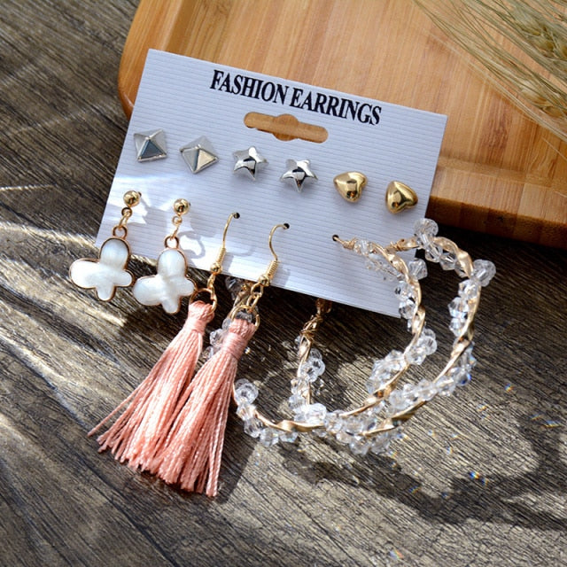 6/9 Pairs Big Hoop Pearl Earring Set