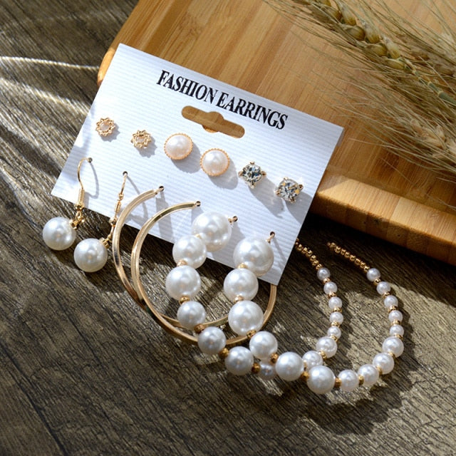 6/9 Pairs Big Hoop Pearl Earring Set