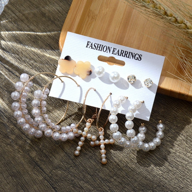 6/9 Pairs Big Hoop Pearl Earring Set
