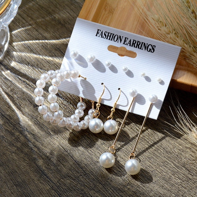 6/9 Pairs Big Hoop Pearl Earring Set
