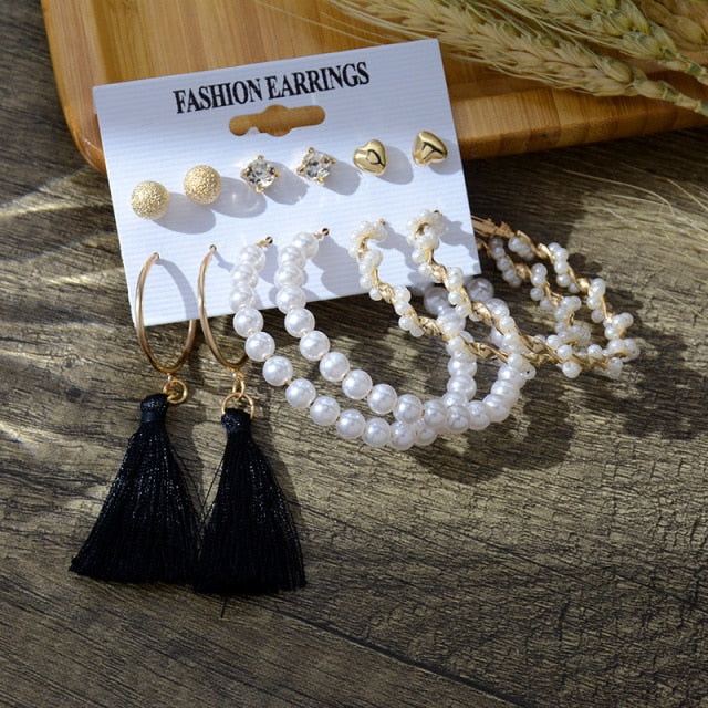 6/9 Pairs Big Hoop Pearl Earring Set