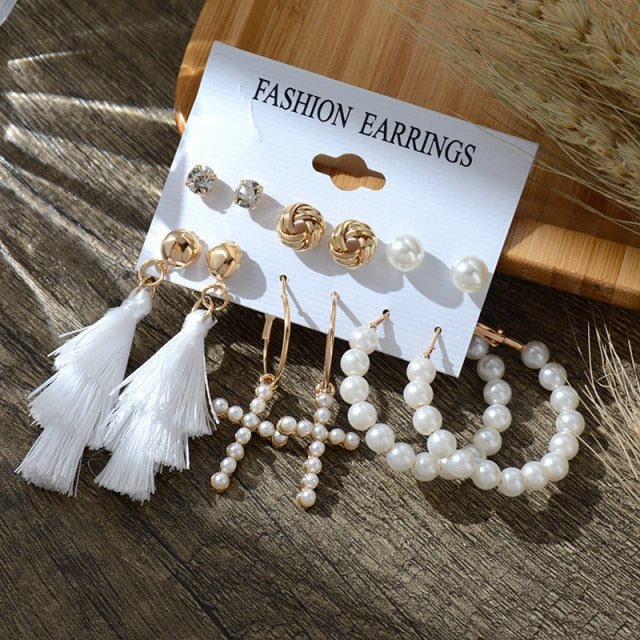 6/9 Pairs Big Hoop Pearl Earring Set