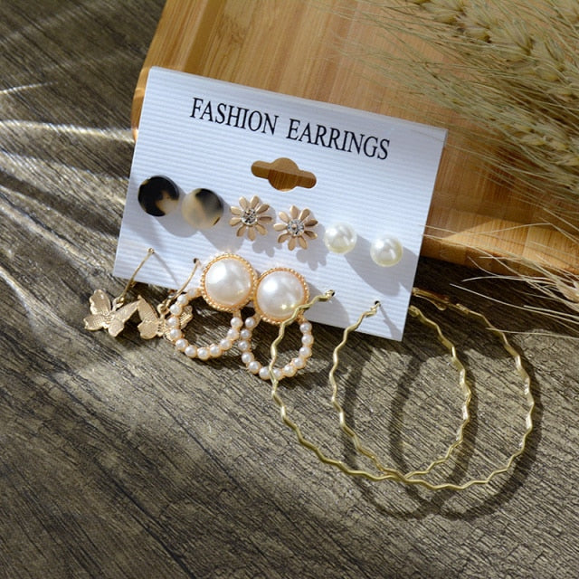 6/9 Pairs Big Hoop Pearl Earring Set