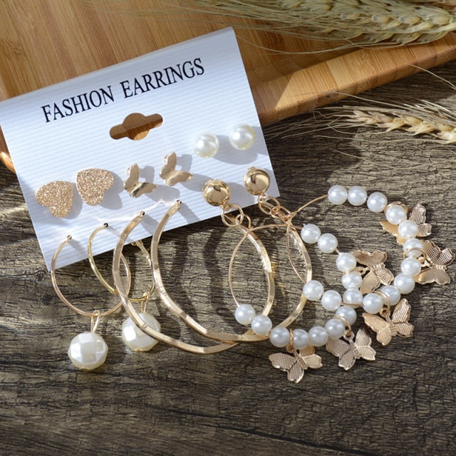 6/9 Pairs Big Hoop Pearl Earring Set