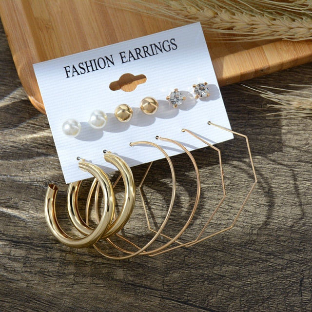 6/9 Pairs Big Hoop Pearl Earring Set