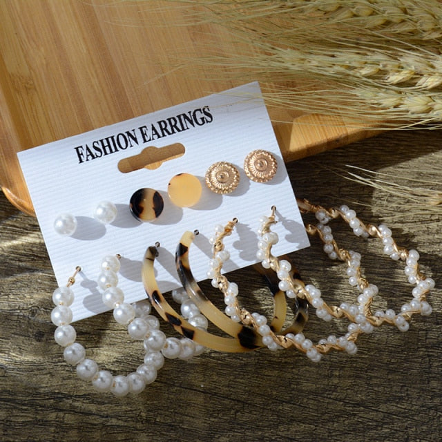 6/9 Pairs Big Hoop Pearl Earring Set