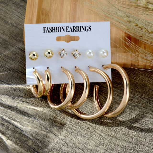 6/9 Pairs Big Hoop Pearl Earring Set
