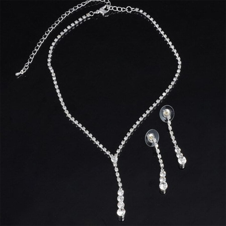 Silver Plated Crystal Earrings Necklace Sets