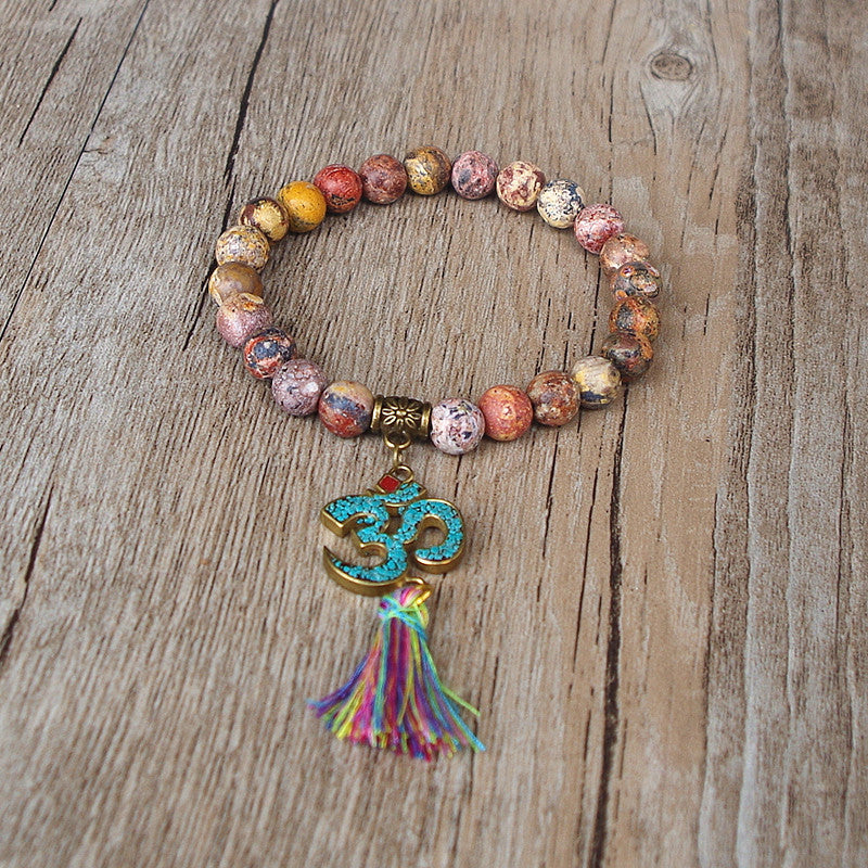 Natural Stone Chakra Mala Bracelet Tassel Om Beaded Strand Bracelet