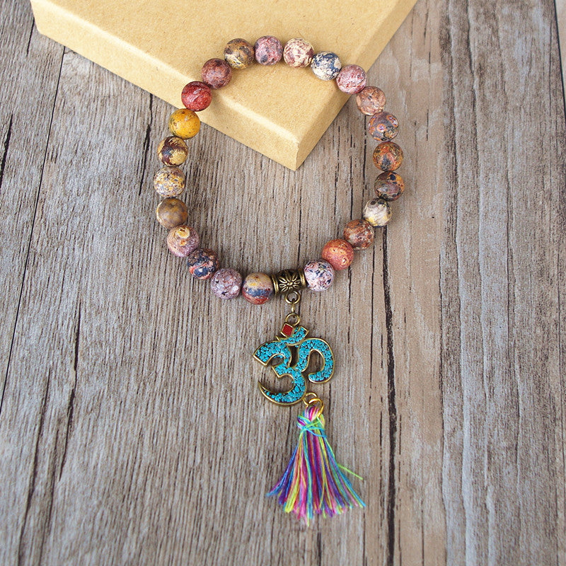 Natural Stone Chakra Mala Bracelet Tassel Om Beaded Strand Bracelet