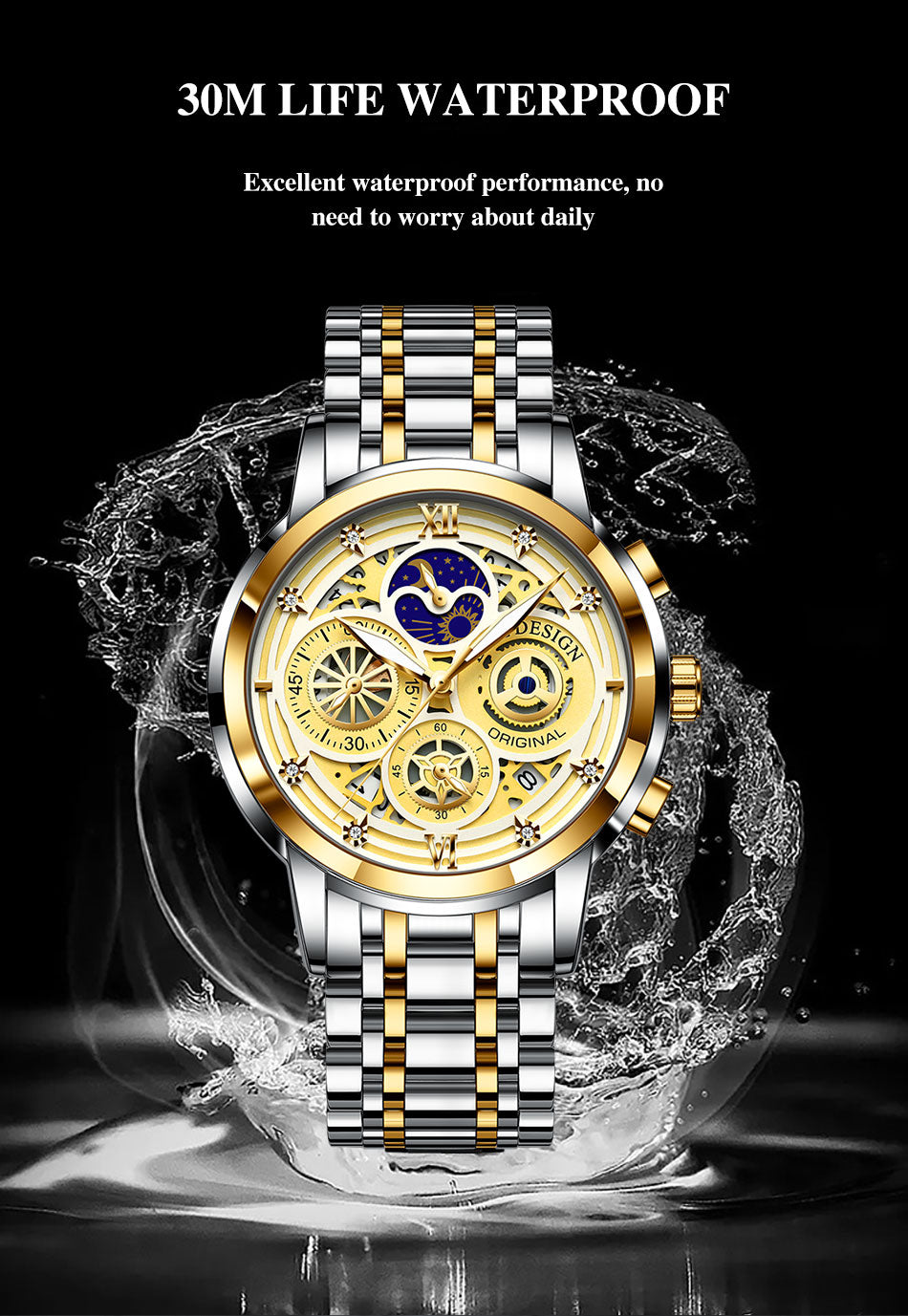 Mens Watches Stainless Steel  Luxury Moon Phase Wristwatches