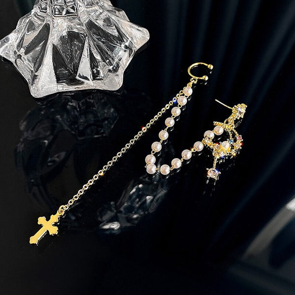 Pendientes de luna con diamantes de imitación de colores para mujeres y niñas, elegante cadena de perlas sin perforaciones