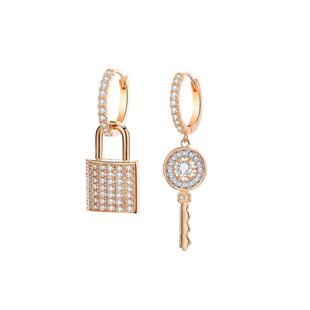 Micro Pave CZ Key Lock Hanging Earrings For Women