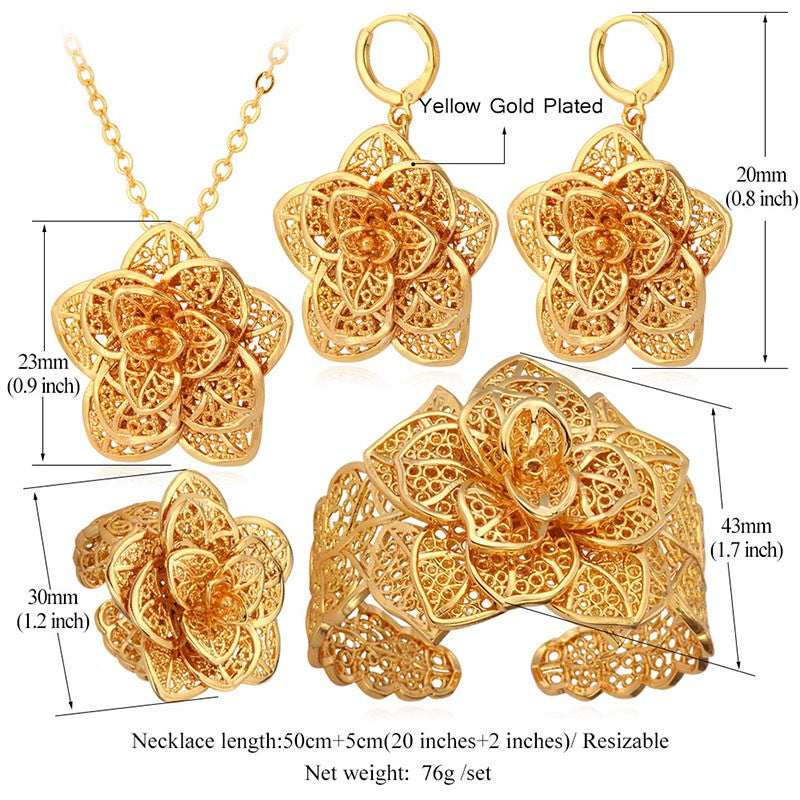 Gold Necklace Cuff Bracelet Drop Earrings & Ring Bridal Wedding Jewelry Set
