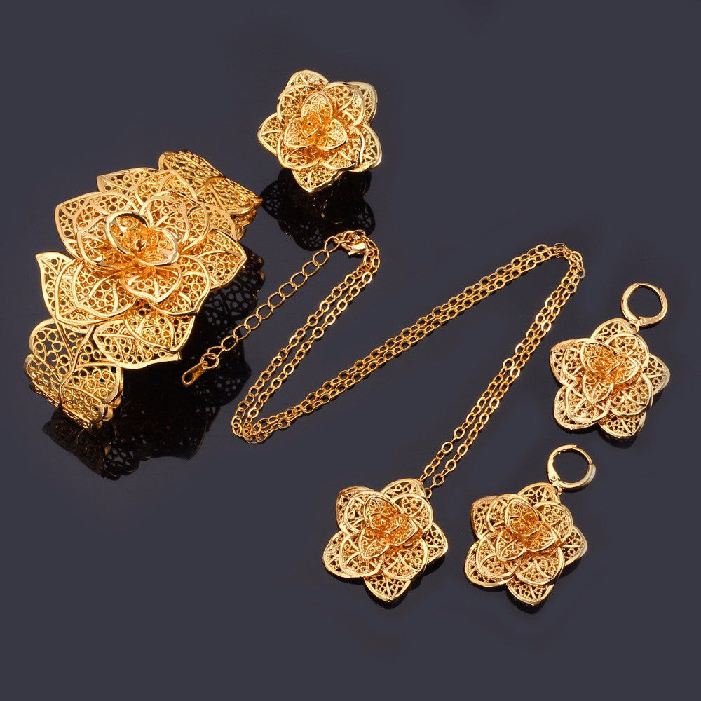 Gold Necklace Cuff Bracelet Drop Earrings & Ring Bridal Wedding Jewelry Set