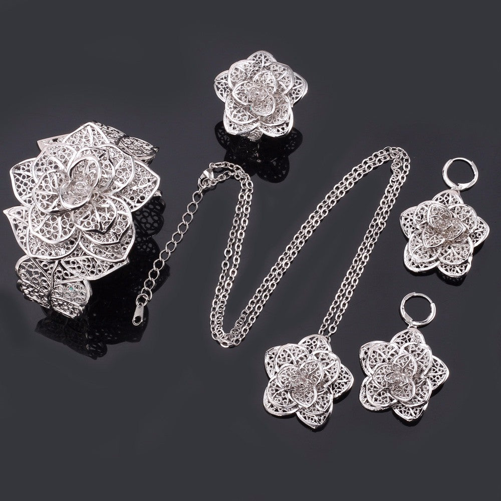 Gold Necklace Cuff Bracelet Drop Earrings & Ring Bridal Wedding Jewelry Set