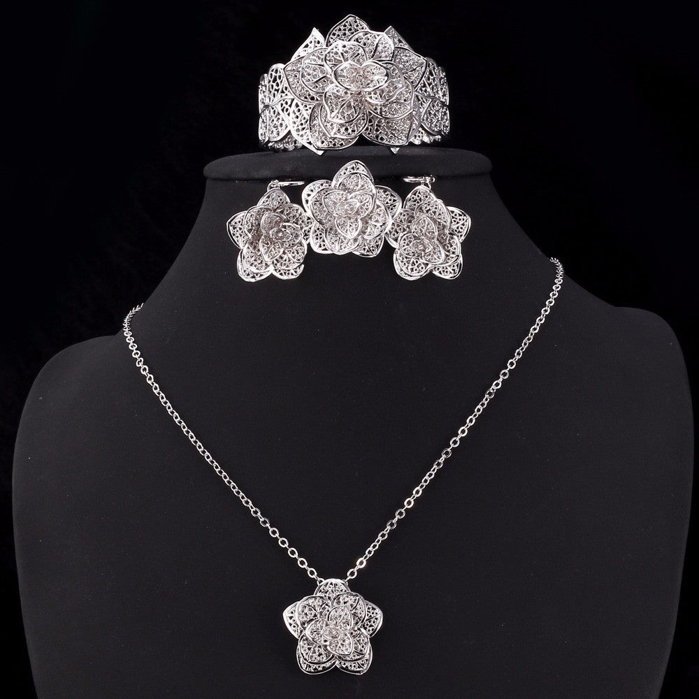 Gold Necklace Cuff Bracelet Drop Earrings & Ring Bridal Wedding Jewelry Set