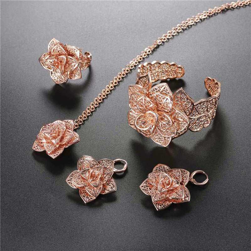 Gold Necklace Cuff Bracelet Drop Earrings & Ring Bridal Wedding Jewelry Set