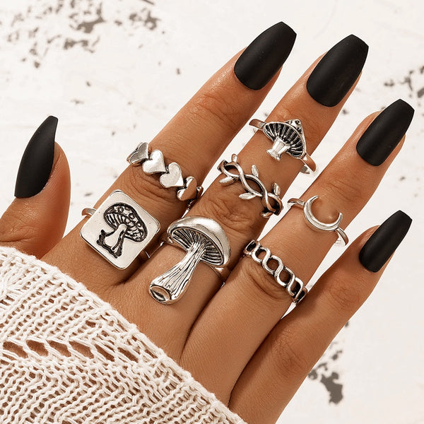 Juego de 7 anillos de unión con forma de hongo y luna de color plata vintage