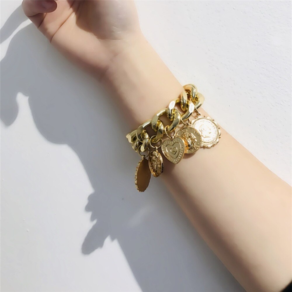 Punk Carved Coin Heart Bracelet Bangle