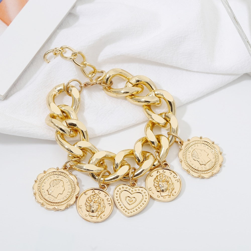 Punk Carved Coin Heart Bracelet Bangle