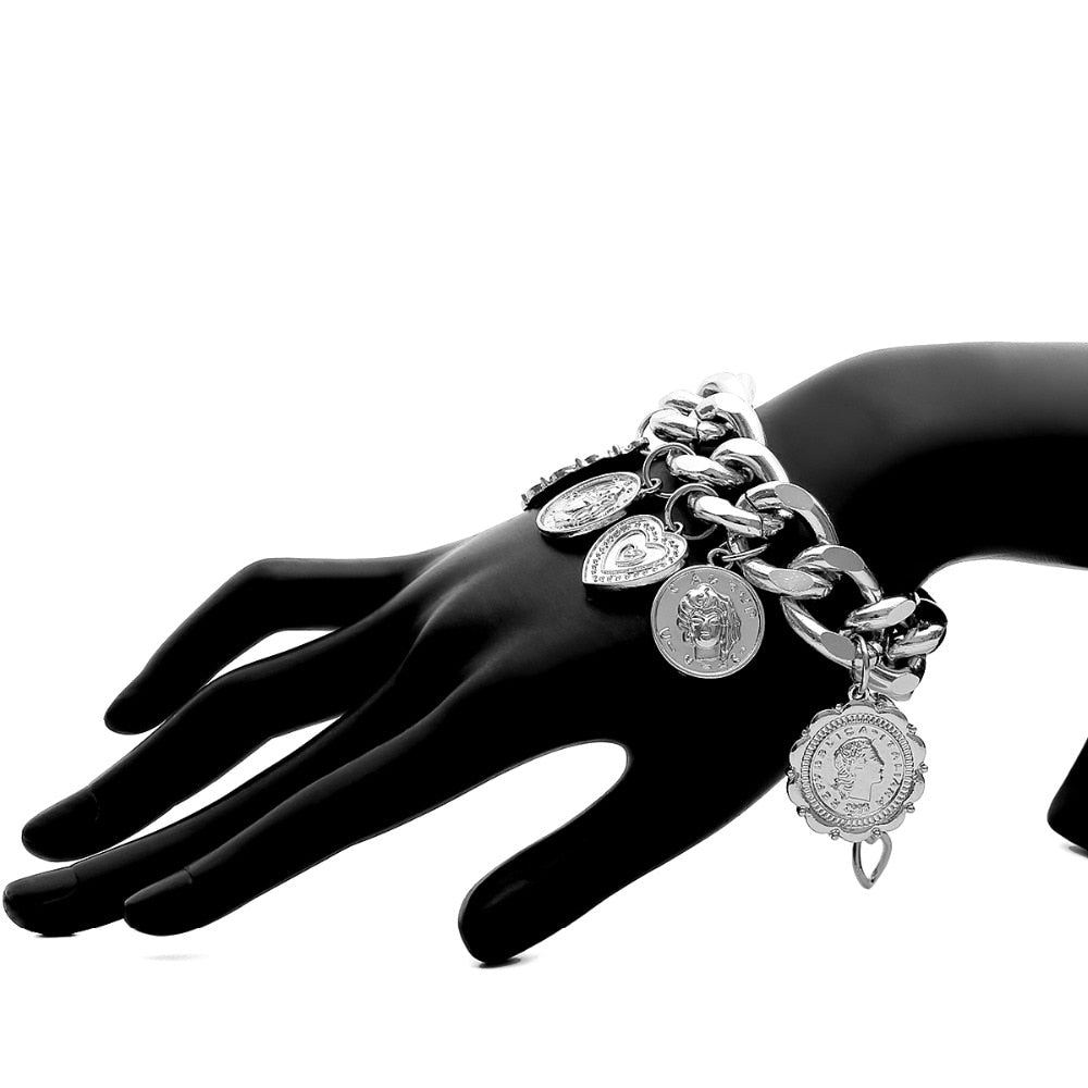 Punk Carved Coin Heart Bracelet Bangle