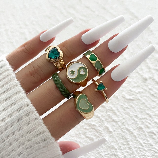 6-8 Pcs Cute Metal Gold Heart Rings Set