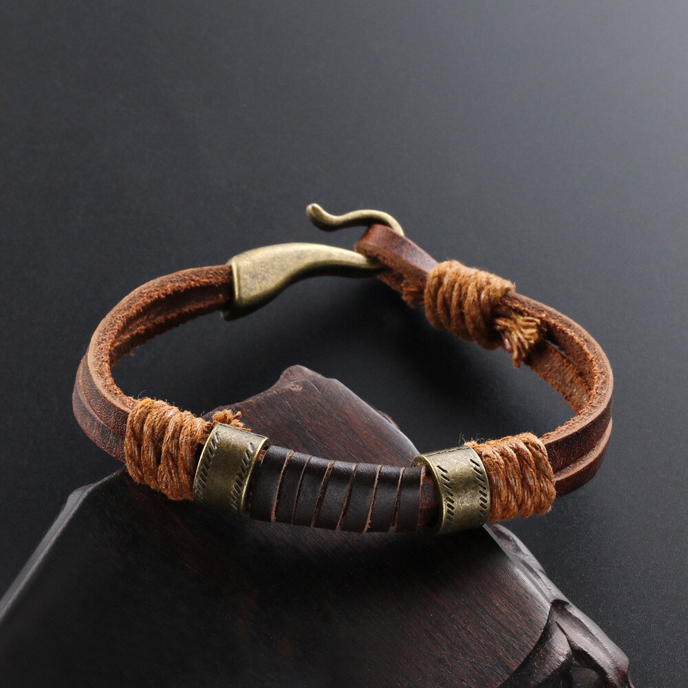 Bronze Punk Handmade Wide Men Leather Bracelets