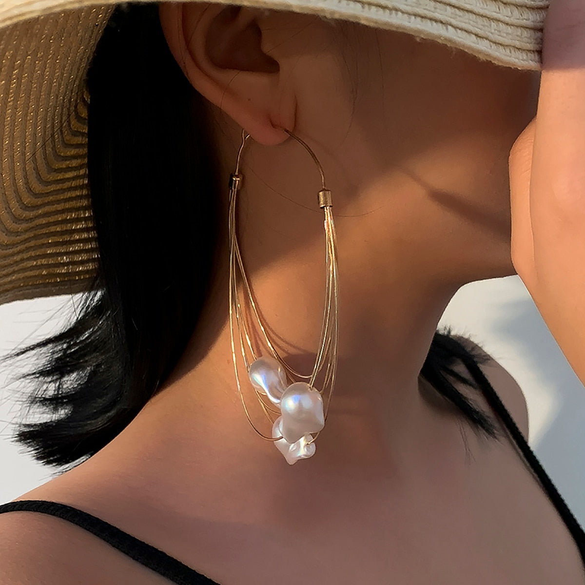 Pearls Big Hoop Earrings for Women Layered Large Circle Earrings