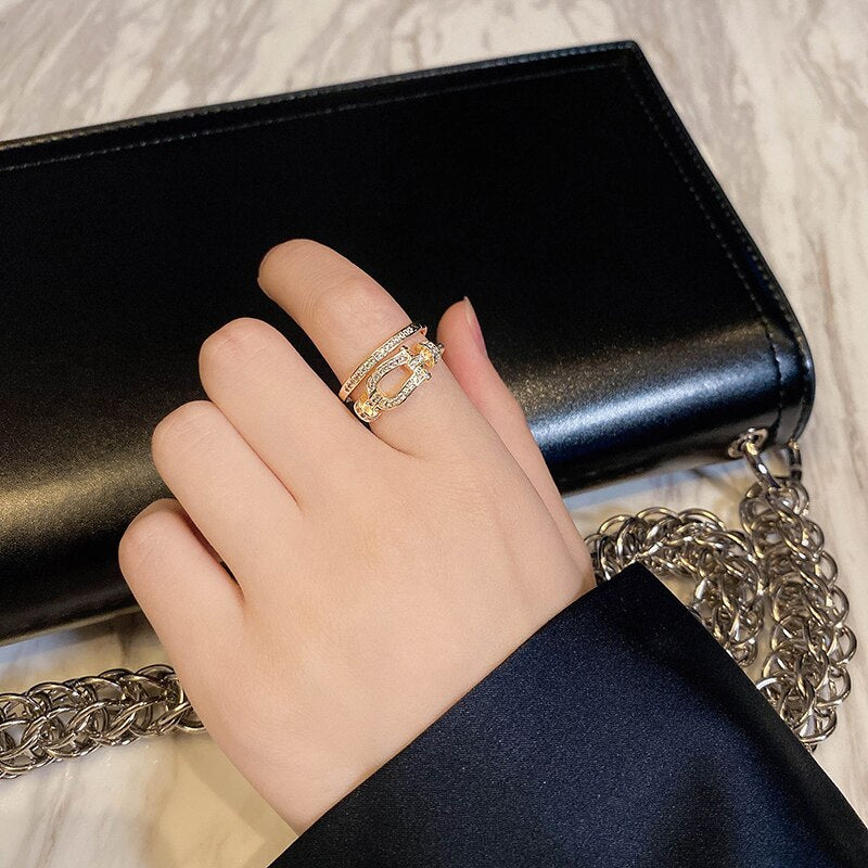 Classic Creative Double Buckle Design Adjustable Gold Rings