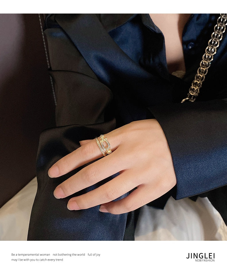Classic Creative Double Buckle Design Adjustable Gold Rings