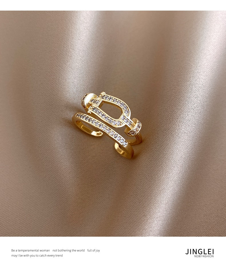 Classic Creative Double Buckle Design Adjustable Gold Rings