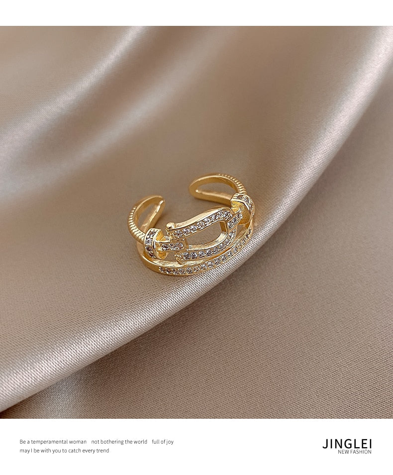 Classic Creative Double Buckle Design Adjustable Gold Rings