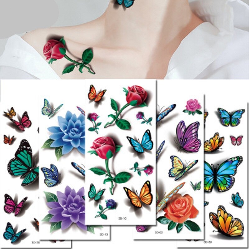 3D Women Butterfly Rose Flower Temporary Tattoos Sticker