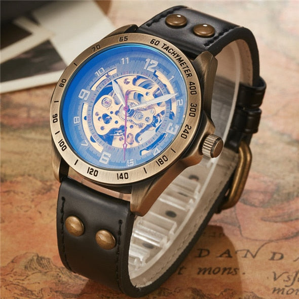 Retro Automatic Mechanical Watch -Skeleton Steampunk Genuine Leather Band