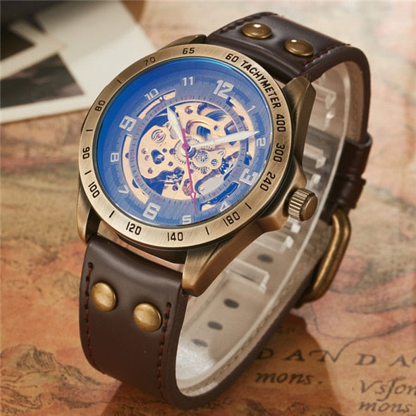 Retro Automatic Mechanical Watch -Skeleton Steampunk Genuine Leather Band