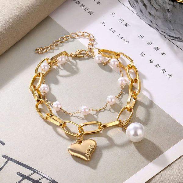Pulsera de cadena gruesa con colgante de aleación de perlas de moda para mujer