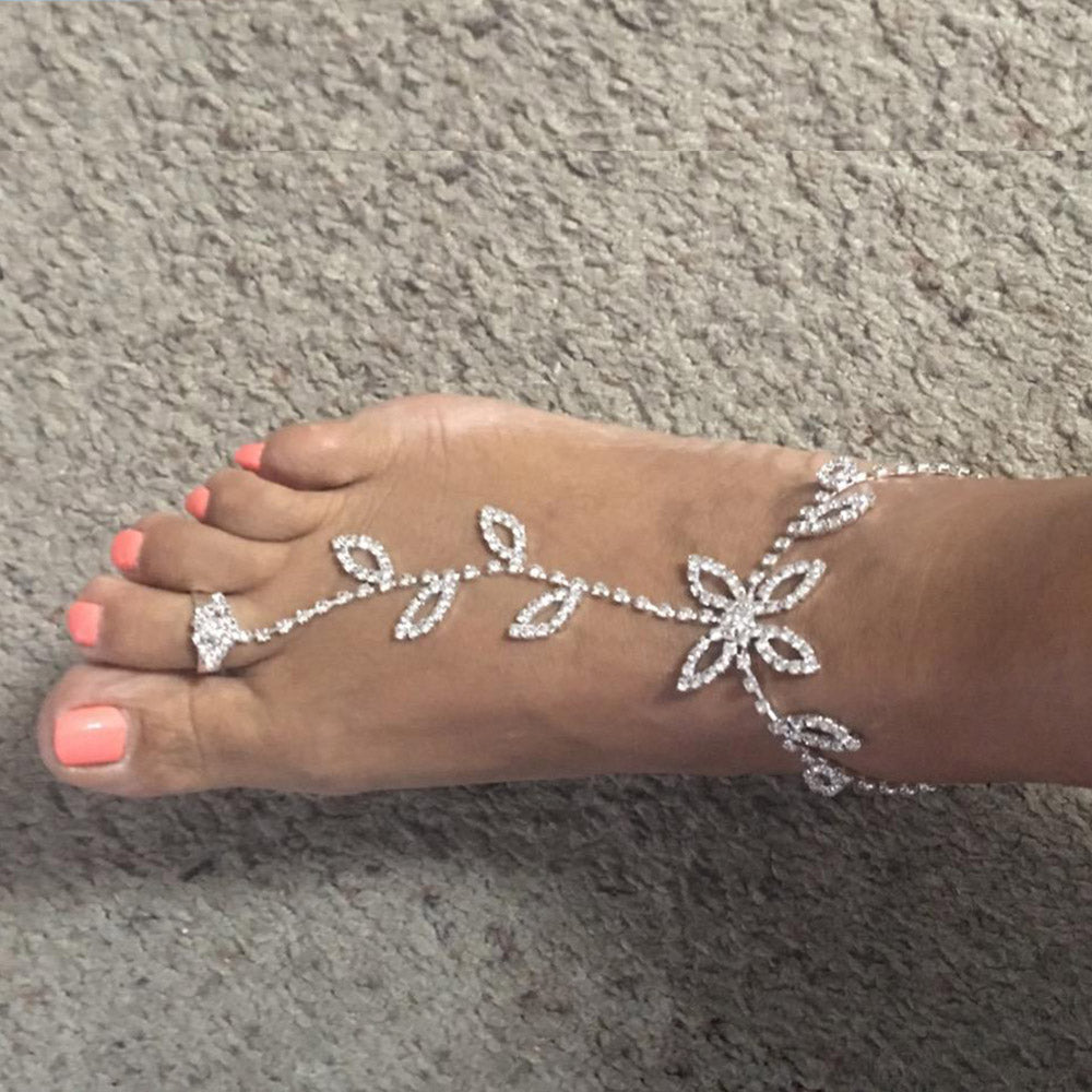 Summer 2Pcs Set Rhinestone Leaf Finger Anklet for Women