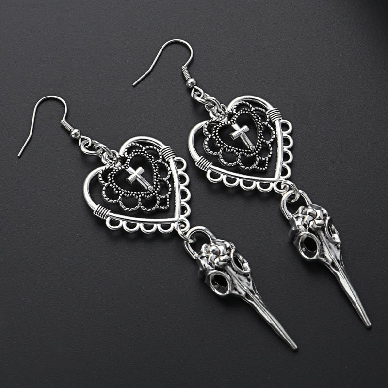 Gothic Heart Cross Bird Skull Earrings