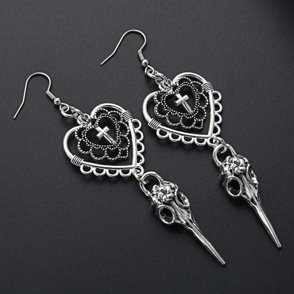 Gothic Heart Cross Bird Skull Earrings