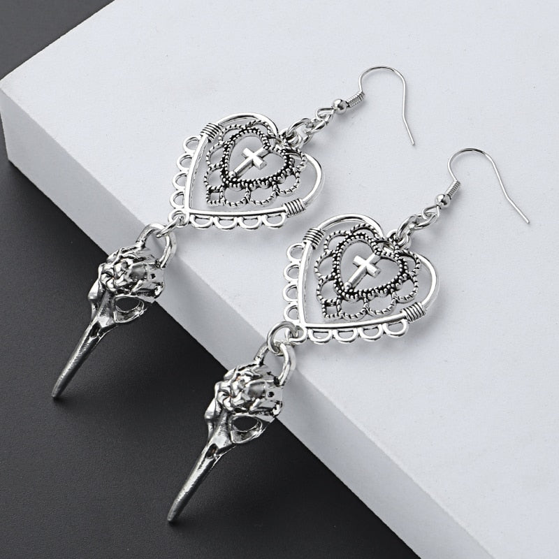 Gothic Heart Cross Bird Skull Earrings
