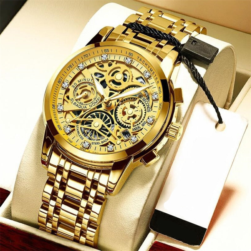 Men’s Watches Tourbillon Rotating Gold Steel Business Wristwatch