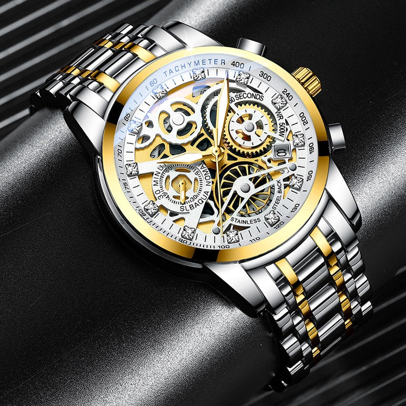 Men’s Watches Tourbillon Rotating Gold Steel Business Wristwatch