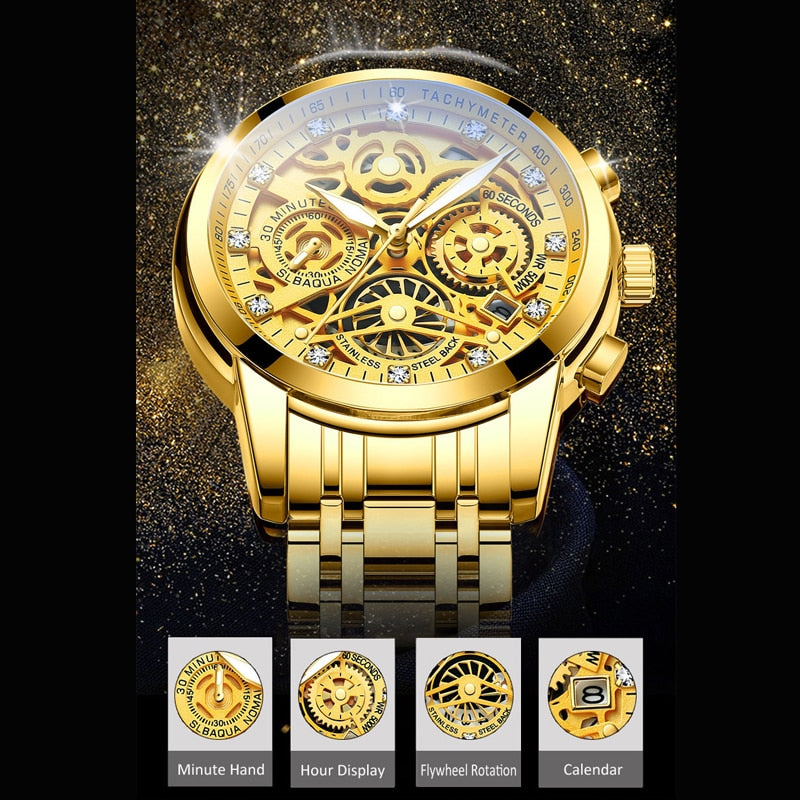 Men’s Watches Tourbillon Rotating Gold Steel Business Wristwatch